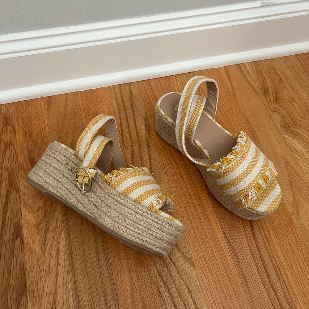 Lulus Espadrille Platform Sandals Daphnie Yellow and Beige Striped Espadrilles
